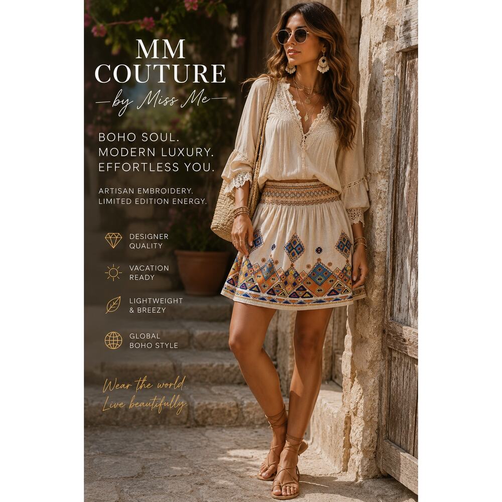 MM Couture Miss Me Embroidered Boho Mini Skirt Festival Resort Chic M